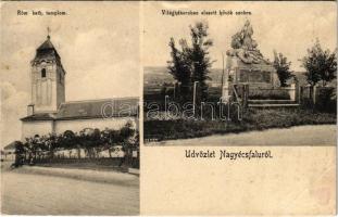 ~1936 Écs, Nagyécs (Nagyécsfalu); római katolikus templom, világháborúban elesett hősök szobra. Kiadja Schön Ferenc + "NAGYÉCSFALU POSTAI ÜGY" (r)