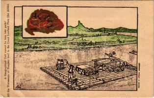 Földrajzi egységet nem lehet szétszakítani! Magyarország összes vízi utai a magyar Alföld felé vezetnek, tutajosok. Grund V. utódai, Magyar Nemzeti Szövetség kiadása / Hungarian irredenta propaganda art postcard with rafters, Treaty of Trianon s: Bér (EB)