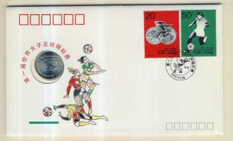 Kína 1991. 1Y "Női labdarúgó VB" érmés borítékon 2 db, alkalmi bélyegzős bélyeggel, hátoldali ismertetővel T:1