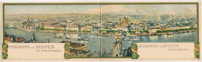 Budapest, látkép a budai oldalról. 2-részes kihajtható szecessziós litho panorámalap / 2-tiled folding panoramacard, Back & Schmitt Art Nouveau litho s: Rosenberger (fl)