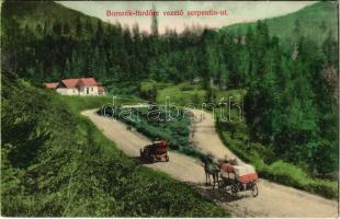 Borszék-fürdő, Baile Borsec; fürdőre vezető szerpentin út, autó és lovaskocsi / serpentine road, automboile, horse cart (fl)