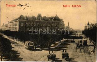 1910 Temesvár, Timisoara; Küttl tér, villamosok, lovaskocsik, Kőbányai Dreher sörcsarnok, Elite kávéház / square, trams, horse carts, beer hall and cafe (EK)