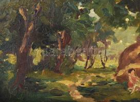 Vaszary jelzéssel: Erdei pihenő. Olaj, karton, dekoratív fakeretben. 25×34,5 cm