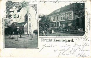 1900 Zsombolya, Hatzfeld, Jimbolia; Római katolikus templom, Muschong udvar, üzletek. Kohl Testvérek kiadása / church, shops. Art Nouveau, floral (Rb)