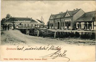 1904 Kovászna, Covasna; Fő tér, Gazda-féle ház, Moskovicz Társai üzlete / main square, shops