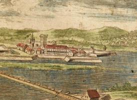 cca 1684 Jacob von Sandrart (1630-1708): "Comora", Komárom látképe, színezett rézmetszet, ...