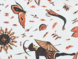 Design porcelán tálca. Jelzés nélkül, kézzel festett, kopással, 25x20 cm