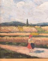 Olvashatatlan jelzéssel: Aratók, olaj, vászon. Dekoratív, kissé sérült fakeretben, 19×25 cm