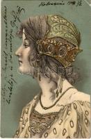 1903 Art Nouveau lady. Emb. litho (lyuk / pinhole)