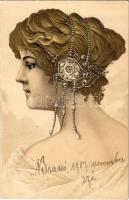 1907 Art Nouveau lady. Emb. litho (b)