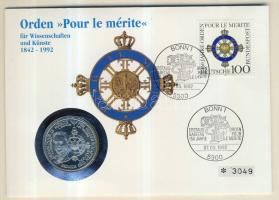 Németország 1992. 10M Ag (egyik fele aranyozva) "Pour Le Mérite" érmés borítékon, elsőnapi bélyegzős bélyeggel, hátoldali ismertető tanúsítvánnyal T:BU