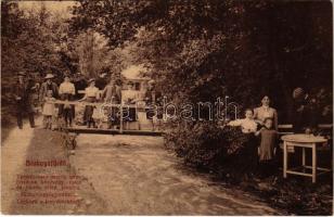 1908 Stubnyafürdő, Túróchévíz, Stubnianske Teplice, Turcianske Teplice; fényképész és fürdővendégek a hídon, reklám / photographer and spa guests on the bridge