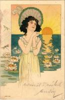 Art Nouveau lady, sunset, floral. litho (ázott / wet damage)