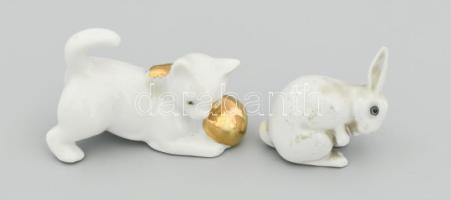 Porcelán macska és nyúl figurák, h: 4-6 cm