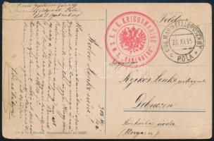 1915 Tábori posta képeslap piros K.u.K. KRIEGSMARINE / S.M.S. BABENBERG , K.u.K. MARINEFELDPOSTAMT / POLA