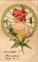 1900 Art Nouveau lady, floral, litho (fl)