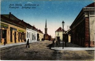 Érsekújvár, Nové Zámky; Batthyány Lajos utca, Singer C. varrógép, Kosztelecz Ede üzlete. Schulcz Testvérek kiadása / street view, shops (EK)