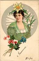 1902 Art Nouveau lady, floral, litho (kis szakadás / small tear)