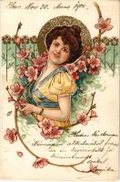 1900 Art Nouveau lady, floral. Kunstverlag Emil Dotzert litho (kopott sarkak / worn corners)
