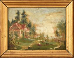 Jelzés nélkül: Ház az erdő szélén, olaj, fatábla. Dekoratív, sérült fakeretben, 16×21 cm