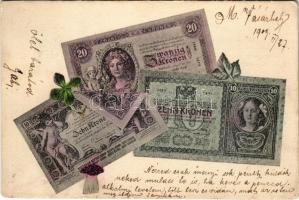 1909 Húsz és tíz koronás magyar bankjegy. Szecessziós montázs újévi motívumokkal / Hungarian banknote montage with mushrooms and horseshoes, clover, New Year (EK)