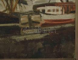 Olvashatatlan jelzéssel: Kikötő (Norvégia?). Olaj, vászon, kartonon. Dekoratív, sérült fakeretben, 3...