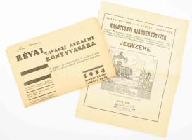 cca 1930 Franklin-Társulat, karácsonyi ajándékkönyvek jegyzéke, kissé foltos, 12 p. + 1934 Révai tavaszi alkalmi könyvvására, 4 p.