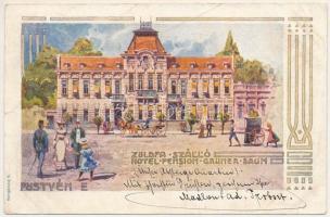 1905 Pöstyén, Pistyan, Piestany; Zöldfa szálló / Hotel Pension Grüner Baum / spa hotel. Art Nouveau (fa)