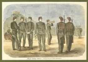 cca 1871 "Magyar ifjusági véderő" (Heimerle Ferencz katona-iskolájából), színezett fametszet, papír, jelzett a dúcon, In: Vasárnapi Ujság, paszpartuban, 16x24 cm, 26x34 cm, paszpartu: 24x28 cm