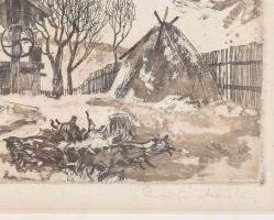 Csurgói Máté Lajos (1931-2001): Udvar. Színes rézkarc, papír, jelzett, 20,5×30,5 cm, üvegezett faker...