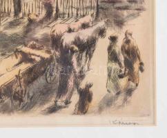 Kórusz József (1927-2010): Udvar. Színezett rézkarc, papír, jelzett, 21×30 cm, üvegezett fakeretben