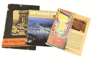 cca 1930-1940 Have you yet seen Budapest and Hungary? Angol nyelvű, fekete-fehér képekkel illusztrált idegenforgalmi prospektus. A borító illusztrációját, valamint a kihajtható térképet Jeges Ernő (1898-1956) rajzolta. Bp., Athenaeum-ny., 40 p.+ 1 t. (Budapest kihajtható, grafikus térképe). Kiadói tűzött papírkötés, kissé sérült borítóval, helyenként kisebb lapszéli sérülésekkel, a lapokon hajtásnyommal, a térkép szakadt. + 2 db Budapestet bemutató, orosz nyelvű, képes kiadvány a szocializmus idejéből