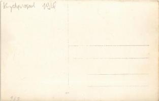 1916 Chervonohrad, Krystynopol; WWI Austro-Hungarian K.u.K. military, soldiers in automobiles, decor...