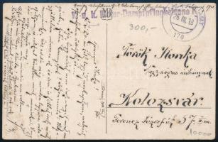 1918 Tábori posta képeslap K.u.k. Motor-Dampfpflugkolonne No. 1. Kolozsvárra küldve