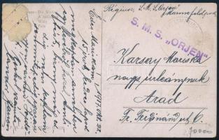 1917 Tábori posta képeslap S.M.S. ORJEN Aradra küldve