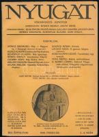 1920 Nyugat. 1920. feb., XIII. évf. 3-4. sz. Főszerkesztő: Ignotus. Szerk.: Babits Mihály, Osváth Ernő. Bp., 1920, Pallas, 113-224 p. Benne: Móricz Zsigmond: Ady - Magyar f. - Kesergő (Querela Hungariae), Kuncz Aladár: Emlékezés Ady Endrére, Schöpflin Aladár: Ady igazsága, Babits Mihály: Tanulmány Adyról, Gellért Oszkár: Üzenet Adynak, valamint Kosztolányi Dezső: Tanulmány egy versről c. írásokkal. Valamint: Csorba Géza: Ady Endre rajzával. Restaurált kiadói papírkötés.