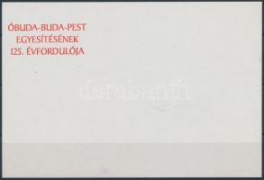 1998/6a Óbuda-Buda-Pest egyesítésének 125. évfordulója emlékív piros felülnyomatának próbanyomata karton papíron + tanúsítvány