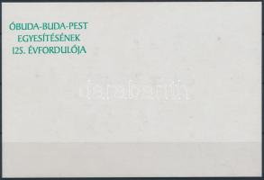 1998/6b Óbuda-Buda-Pest egyesítésének 125. évfordulója emlékív zöld felülnyomatának próbanyomata karton papíron + tanúsítvány