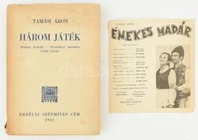Tamási Áron: Három játék. A szerző, Tamási Áron (1897-1966) Kossuth-díjas erdélyi magyar író által ALÁÍRT és dátumozott (1980. XI. 2. ) példány. A címlap felett bejegyzésel: Entz Gézának 1950. (Feltehetőleg: Entz Géza (1913-1993) művészettörténész.) Kolozsvár.,(1941), Erdélyi Szépmíves Céh, 269+5 p. Első kiadás! Benne: Tamási Áron: Énekes madár c. darabjának prospektusával. Kiadói papírkötés, kissé foltos borítóval, a gerinc alsó részén sérüléssel.