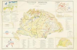 1927 Magyarország gazdaságföldrajzi térképe. Dr. Teleki Pál gróf és dr. Cholnoky Jenő közreműködésével szerk.: dr. Fodor Ferenc. 1 : 1.500.000, Bp., Magyar Földrajzi Intézet Rt., III. kiadás. Gazdasági adatokkal, statisztikákkal, közte a trianoni békeszerződés által okozott ipari és gazdasági veszteségekkel, két nyelven (magyar, angol), hajtott, a hajtások mentén kis szakadásokkal, 63x94 cm