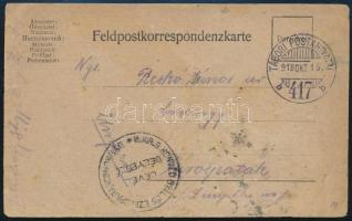 1918 Tábori posta levelezőlap M.KIR. 3. HONVÉD GYALOGOS EZREDPARANCSNOKSÁG / LEVÉLBÉLYEGZŐ , TÁBORI POSTAHIVATAL 417