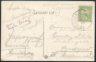 ~1905 Képeslap Turul 5f bérmentesítéssel "M.SZIGET - MISKOLCZ - (PÜSPÖKLADÁNY)" vasúti bélyegzéssel Budapestre küldve