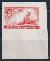 1926 Pengő fillér 50f meg nem valósult bélyegterv ívszéli nyomata piros színben, vízjel nélküli gumis papíron, vágott