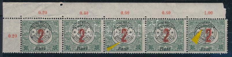Nagyvárad 1919 Pirosszámú portó 2f ívsarki 5-ös csík két bélyegen lemezhiba a felülnyomáson, Bodor vizsgálójellel