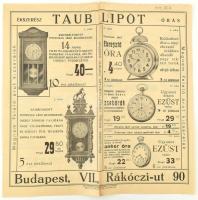 cca 1929 Taub Lipót ékszerész, órás prospektus árjegyzéke, hajtásnyommal, 31x31 cm