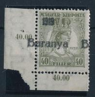 Baranya I. 1919 Zita ívsarki 40f eltolódott fekete felülnyomással, Bodor vizsgálójellel