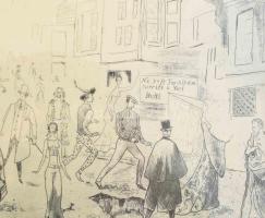 Láng Rudolf (1904-1991): Ne fussatok a nő után (cím nélkül). Rézkarc, papír, jelzett a karcon. Üvege...