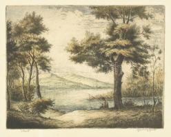 Gannay János (1905-1992): Tópart. Színezett rézkarc, papír, jelzett, lapszéli apró foltokkal és kisebb szakadásokkal, 27×36 cm