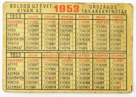 1953 "Ne ülj a pénzeden, tedd takarékbetétbe!", OTP fém kártyanaptár, kissé vetemedett