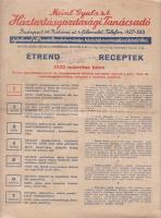 A Meinl Gyula Rt. étrendjavaslata és receptsora 1942 márciusára.  Budapest, 1942. Meinl Gyula Háztartásgazdasági Tanácsadó Rt. (Hornyánszky Viktor Rt. ny.) [4] p.  Jóllehet a Meinl Gyula-féle élelmiszer-kereskedés reklámanyaga nem feleltethető meg a mai ételfutár-szolgáltatásoknak, melyek havi bontásban közlik a megrendelhető napi menüket, reklámbrosúránk műfaja mégis közel áll a modern ételfutár-szóróanyagokhoz, amennyiben valamennyi napi étrend-ajánlatban szerepel a vállalat által forgalmazott, megvásárolható termék (húsleves Meinl-féle cérnatésztával, Meinl-féle dobozos sajt, Meinl-féle alföldi lecsókonzerv, Meinl-féle spagetti, Meinl-féle sült libamell, Meinl-féle fogasszelet aszpikban, Meinl-féle debrői hárslevelű, Meinl-féle zöldveltelini, Meinl-féle burgundi vörösbor). A két hasábba tördelt szövegoldalak bal oldalán a menüsor, jobb oldalán huszonegy ételrecept az orosz hússalátától a szabógallérlevesig. A kétszínnyomású előoldalon a Meinl Gyula Rt. bélyegzése.  Fűzés nélkül, hajtogatva. Jó állapotú lap.